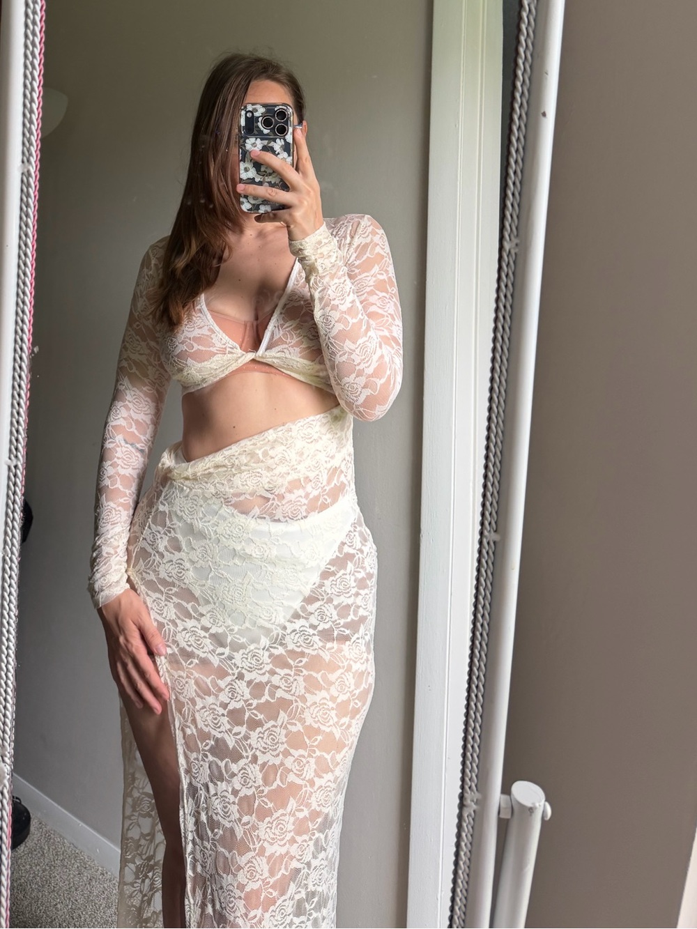 12th Tribe Cream Lace Cutout Maxi Dress Bridal/ Bachelorette